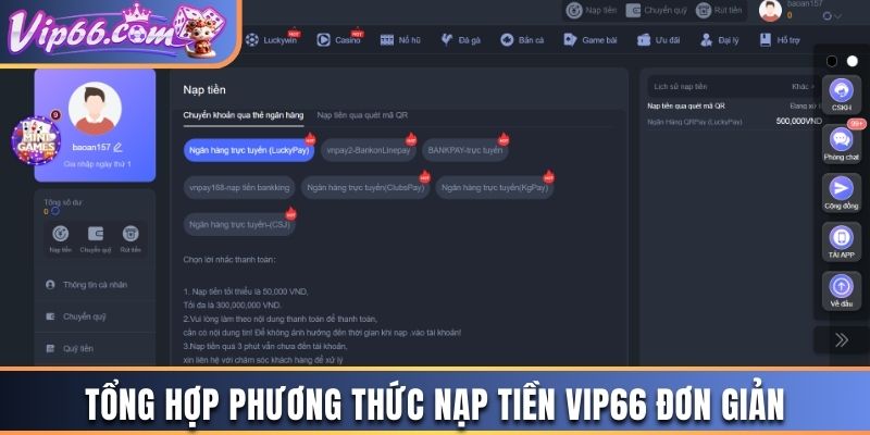 Tổng hợp phương thức nạp tiền Vip66 đơn giản
